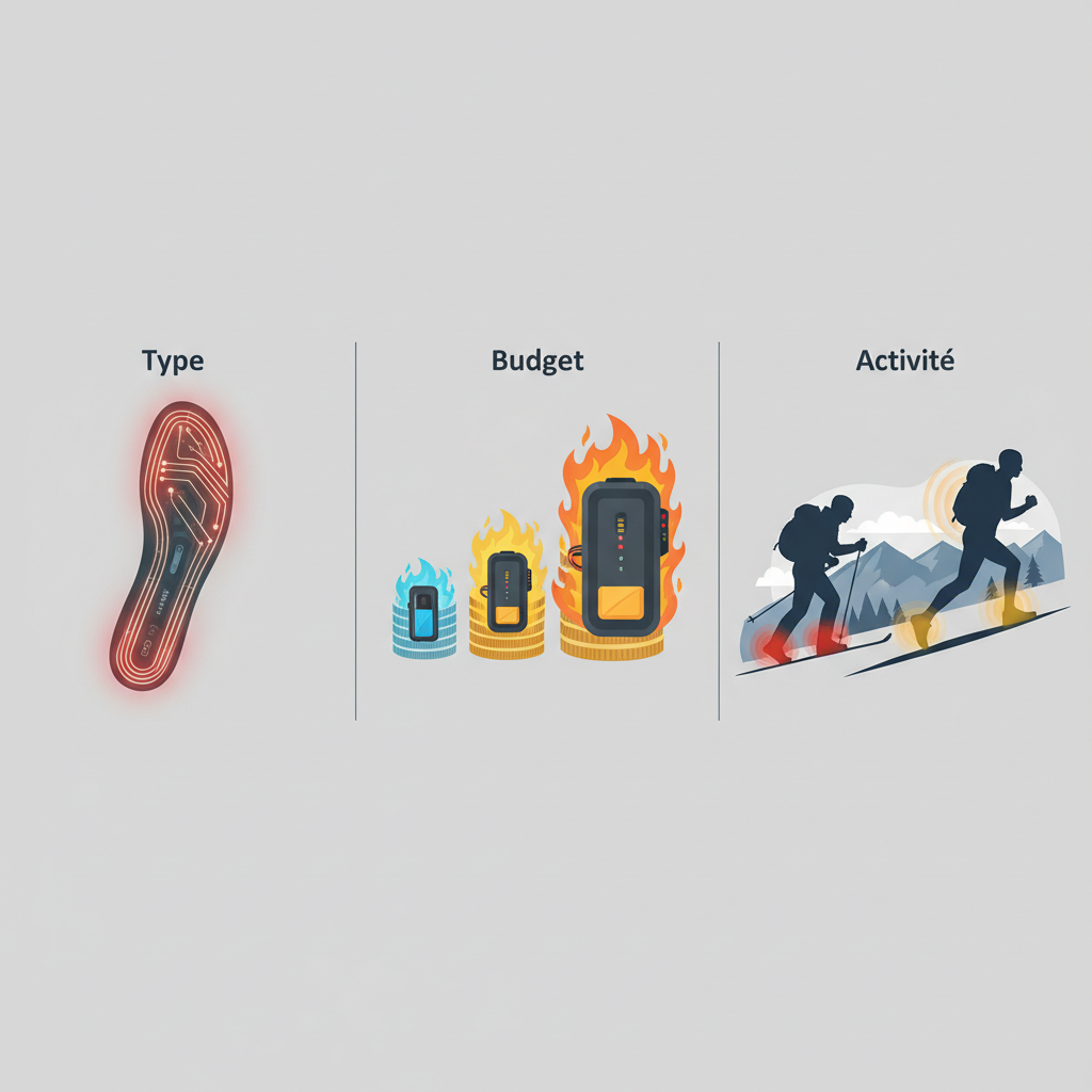 Tableau comparatif des semelles chauffantes (type, budget, activité) - Illustration pour Comparatif semelles chauffantes : budget et activités