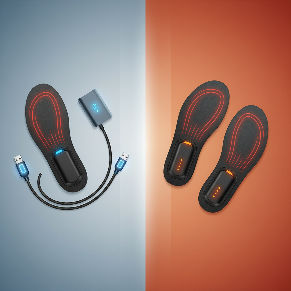 Tableau Comparatif : Semelles Chauffantes USB vs. Batterie Intégrée - Illustration pour Semelles chauffantes USB vs Batterie : Le Guide Définitif